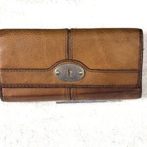 Vintage Fossil ContinentalLeather Flap Wallet Tan Brown Keyhole Plate 7X3.5X2